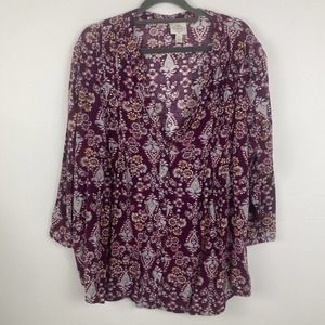 St John's Bay Button up Blouse Size XL 3/4Sleeves Color Dark Maroon V-Neck
